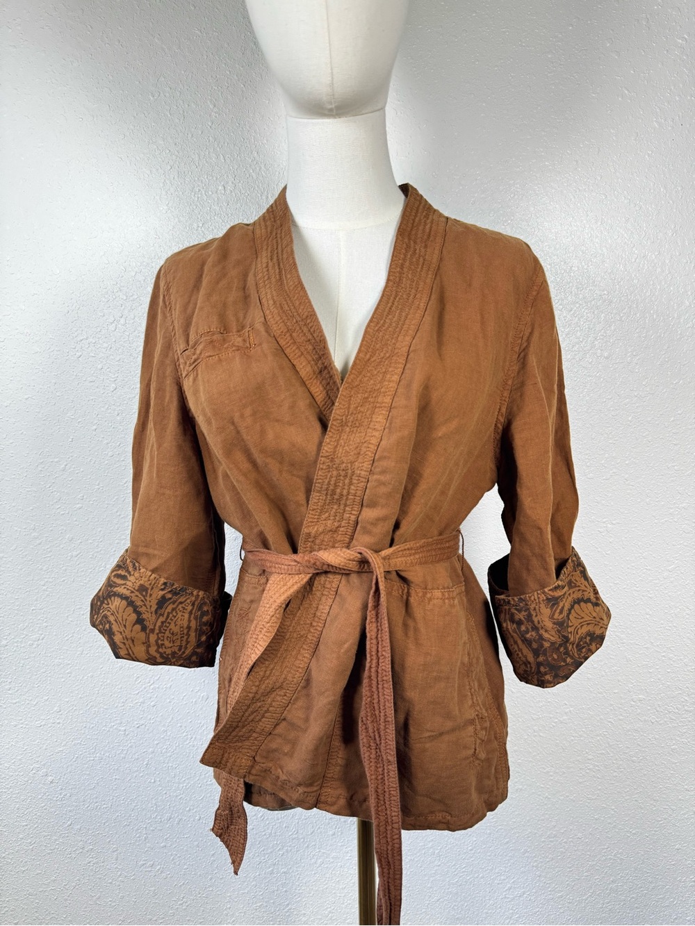Anthropologie Hei Hei Linen Honey Brown Kimono Wrap Belted Jacket Paisley MP